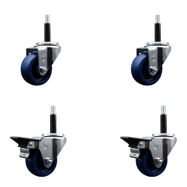 3'' Solid Poly Wheel Swivel 3/4'' Expanding Stem Caster Set 2 Brakes, 4PK